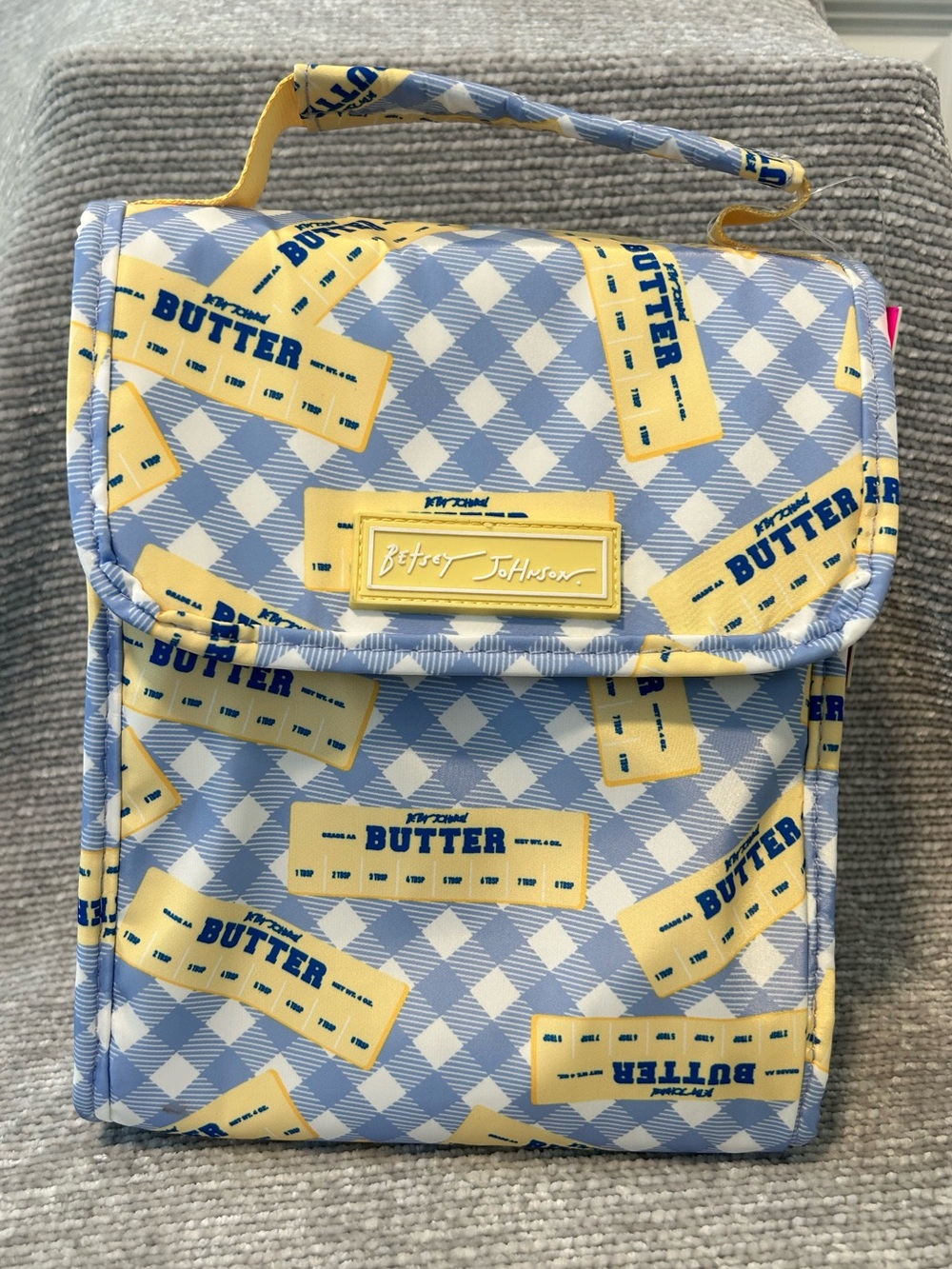 NWT Betsey Johnson Blue & Yellow Butter Print Insulated Lunch Bag | Gingham